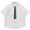 Button Down Shirts Oversized Unisex Plaid Tie Short Sleeve Shirt Casual Streetwear Summer Tops