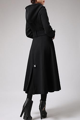 Womens Long Double-Breasted Hooded Coat Winter Warm Wool Trench Coat with Belts