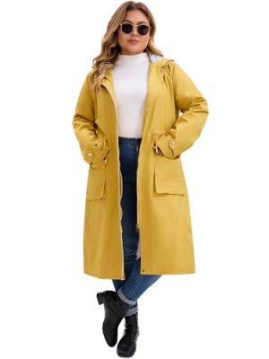 Plus Size Hooded Long Jacket for Women Adjustable Drawstring Waist Zipper Outdoor Windbreaker Trench Coats