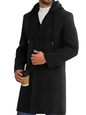 Mens Trench Coat Single Breasted Mid-Long Pea Coat Classic Winter Business Jacket with Detachable Hood