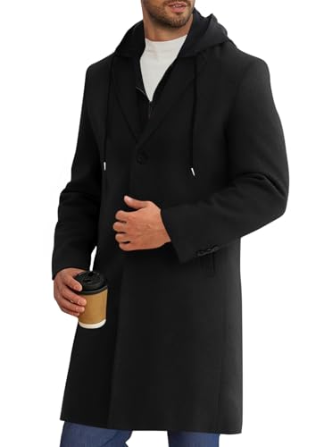Mens Trench Coat Single Breasted Mid-Long Pea Coat Classic Winter Business Jacket with Detachable Hood