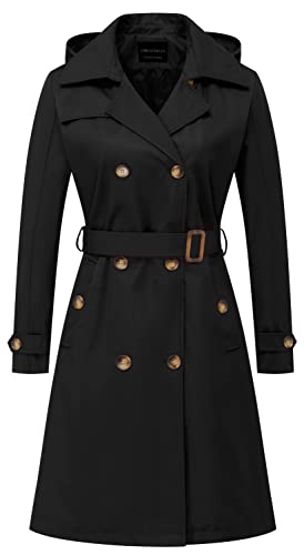 Women's Long Trench Coat Double-Breasted Classic Lapel Overcoat Belted Slim Outerwear Coat with Detachable Hood