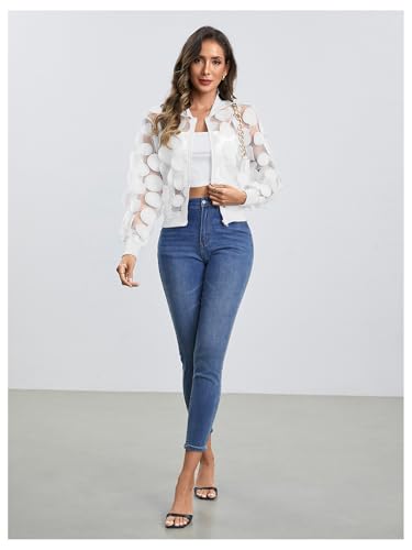Women's Sheer Mesh Zip Up Bomber Jacket Long Sleeve Baseball Collar Outwear Tops
