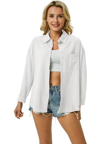 Womens Button Down Shirts Cotton Linen Long Sleeve Dress Shirts Casual Summer Tops Work Blouses with Pockets
