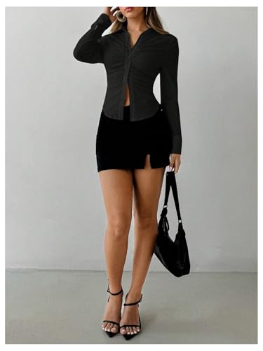 Women's Button Down Ruched Blouse Long Sleeve Shirts Slim Fit Aesthetic Tops