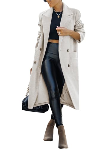 Womens Trench Coat Winter Lapel Double Breasted Long Pea Coat Casual Work Office Overcoat with Pocket