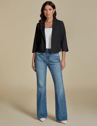 Linen Blazers for Women Business Casual Cropped 3/4 Sleeve Lightweight Lined Work Office Suit Blazer Jackets