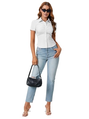 Women's Collared V Neck Button Down Ruched Slim Fit Short Sleeve Work Shirt Blouse