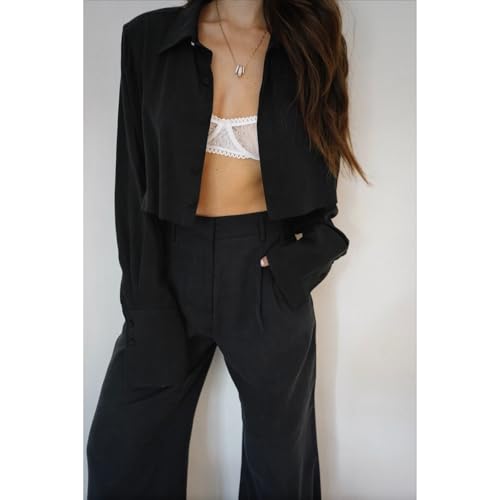 Womens Button Down Cropped Shirts Long Sleeve V Neck Solid Tops Casual Collared Blouse with Chest Pocket XS-XXL