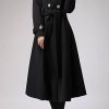 Womens Long Double-Breasted Hooded Coat Winter Warm Wool Trench Coat with Belts
