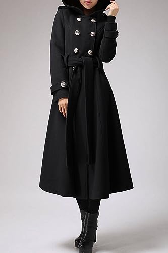 Womens Long Double-Breasted Hooded Coat Winter Warm Wool Trench Coat with Belts