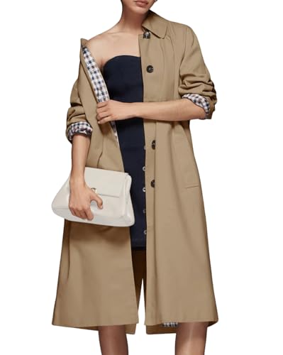 Womens Long Trench Coat Single Breasted Lapel Plaid Lined Oversized Windproof Fashion Autumn Winter Outerwear