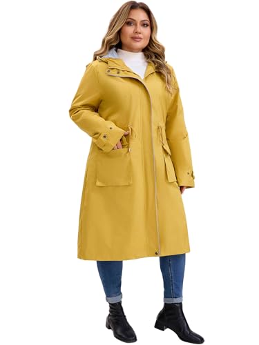 Plus Size Hooded Long Jacket for Women Adjustable Drawstring Waist Zipper Outdoor Windbreaker Trench Coats
