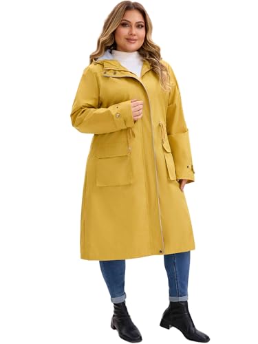 Plus Size Hooded Long Jacket for Women Adjustable Drawstring Waist Zipper Outdoor Windbreaker Trench Coats
