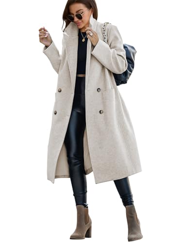 Womens Trench Coat Winter Lapel Double Breasted Long Pea Coat Casual Work Office Overcoat with Pocket