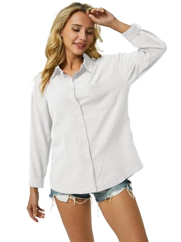 Womens Button Down Shirts Cotton Linen Long Sleeve Dress Shirts Casual Summer Tops Work Blouses with Pockets