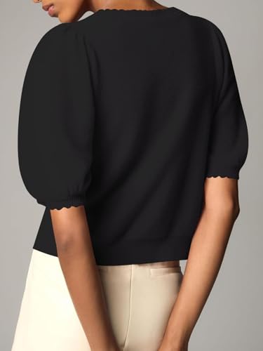 Puff Sleeve Cardigans for Women Crew Neck Lightweight Summer Shirts Button Down Knit Shrug Sweater Tops