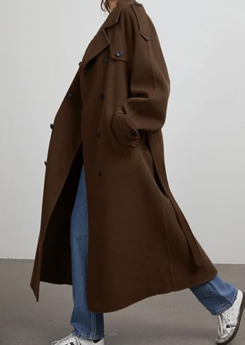 Women's Winter Double Breasted Wool Coat Long Sleeve Notch Lapel Midi Long Winter Trench Coat with Belt