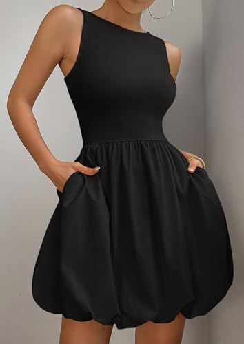 Summer Dresses for Women 2025 Casual Sleeveless Tank Mini Short Dress Crew Neck Bubble Sundress with Pockets