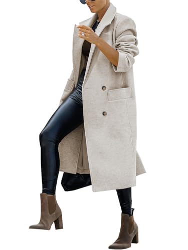 Womens Trench Coat Winter Lapel Double Breasted Long Pea Coat Casual Work Office Overcoat with Pocket