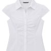 Women's Pleated Bust Button Down Shirt Tie Back Fitted Short Sleeve Blouse Casual Tops