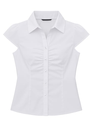 Women's Pleated Bust Button Down Shirt Tie Back Fitted Short Sleeve Blouse Casual Tops