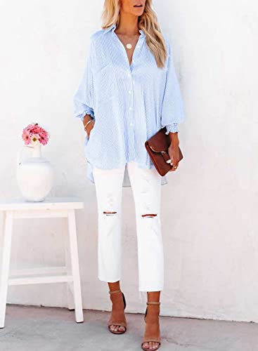 Womens Smocked Cuffed Striped Boyfriend Shirt Casual Collar Long Sleeve Oversized Button Down Blouse Tops with Pocket Shirred
