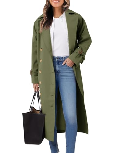 Womens Long Trench Coat Oversized Double Breasted Windproof Classic Lapel Casual Fall Overcoat