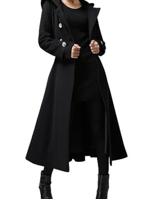 Womens Long Double-Breasted Hooded Coat Winter Warm Wool Trench Coat with Belts