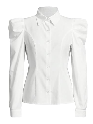 Women's Elegant Puff Long Sleeve Collared Shirts Button Down Dressy Blouse Top