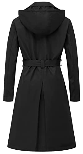 Women's Long Trench Coat Double-Breasted Classic Lapel Overcoat Belted Slim Outerwear Coat with Detachable Hood