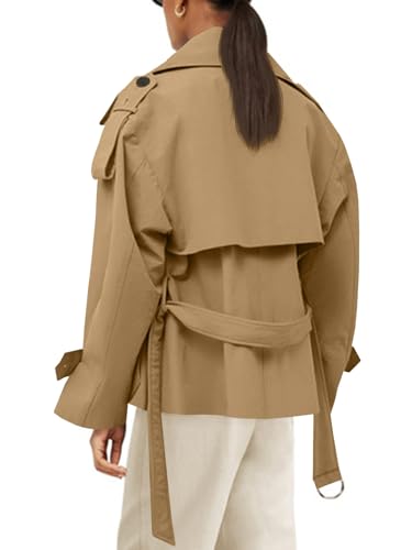 Womens Cropped Trench Coat Casual Double Breasted Short Jacket Fall Fashion Outerwear with Belt