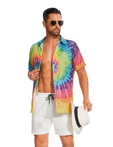 Vintage Shirts for Men Tie Dye Hippie Funny Hawaiian Shirt Button Down Shirts