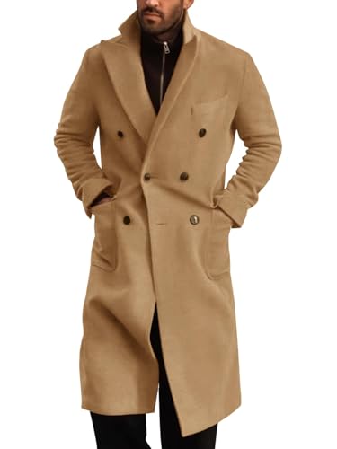 Mens Wool Blend Casual Trench Coat Notched Collar Lapel Long Jacket Double Breasted Classic Winter Overcoat