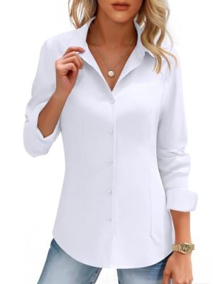 Women's Button Down Shirts Long Sleeve Dress Shirt Slim Fitted Work Tops Collared Dressy Casual Business Blouses