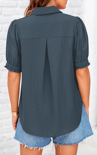 Womens Summer Short Sleeve Button Down Shirts V Neck Collared Casual Blouse Tops with Pockets
