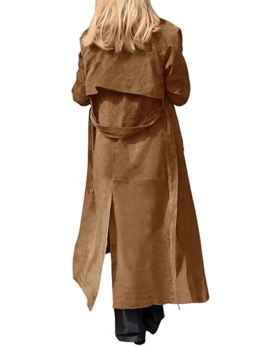 Womens Long Trench Coat Fall Faux Suede Jackets Double Breasted Lapel Pea Coat with Belt