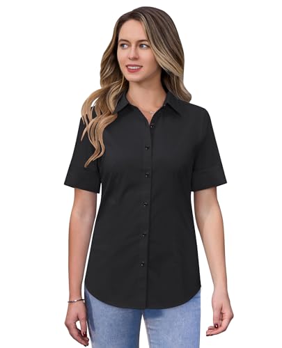 Short Sleeve Button Dress Shirts for Women Cotton Button Down Shirts for Women Slim Fit Blouse Top 3/4 Sleeve