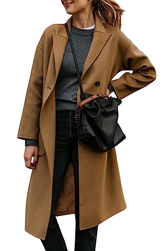 Womens Lapel Peacoat Winter Double-Breasted Outerwear Mid Long Jacket Casual Trench Coat