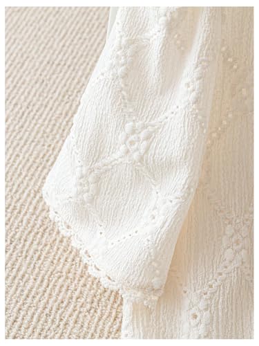 Women's Floral Embroidered Button Down Blouse Frill Trim Short Puff Sleeve V Neck Vacation Shirts
