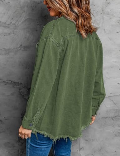 Women’s Oversized Button Up Frayed Hem Shacket Long Sleeve Pockets Denim Jean Jacket