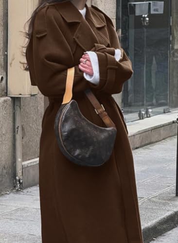 Women's Winter Double Breasted Wool Coat Long Sleeve Notch Lapel Midi Long Winter Trench Coat with Belt