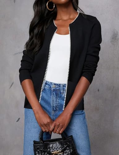 Women Lightweight Open Front Sweater Cardigan Pearls Trim Knit Jacket Trendy Long Sleeve Clothes Coatigan