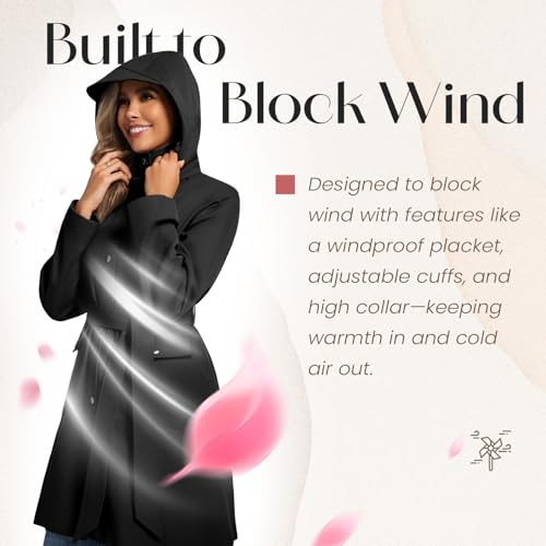 Womens Trench Coat Waterproof Rain Jacket Rain-blocking Brim Detachable Hood Raincoat with Belt Outdoor Travel