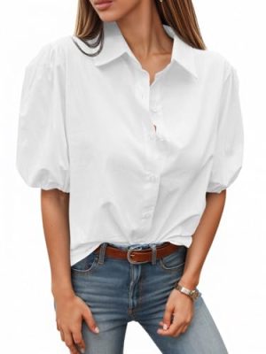 Women's Button Down Shirts Short Puff Sleeve Collared Dressy Casual Blouse Tops