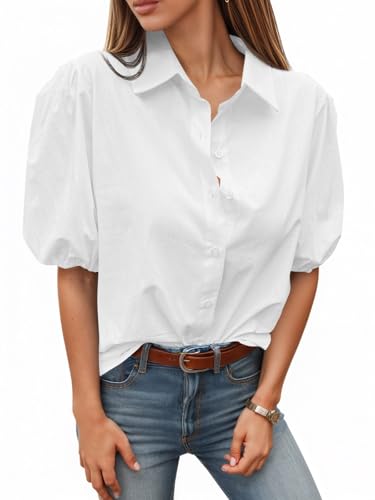 Women's Button Down Shirts Short Puff Sleeve Collared Dressy Casual Blouse Tops