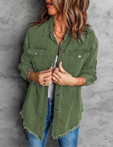 Women’s Oversized Button Up Frayed Hem Shacket Long Sleeve Pockets Denim Jean Jacket