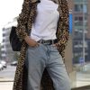 Women's Notch Lapel Leopard Print Duster Trench Coat Open Front Loose Faux Suede Mid Long Pea Coat