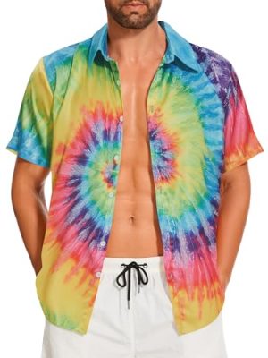Vintage Shirts for Men Tie Dye Hippie Funny Hawaiian Shirt Button Down Shirts