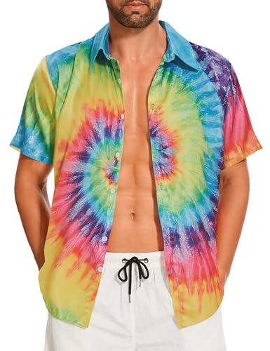 Vintage Shirts for Men Tie Dye Hippie Funny Hawaiian Shirt Button Down Shirts